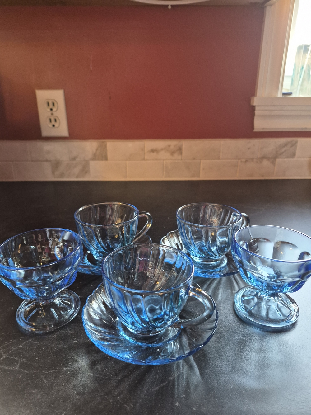 Set Of 3 Ice Blue Swirl Teacups And Saucers +2 Desert/Sherbet Dishes